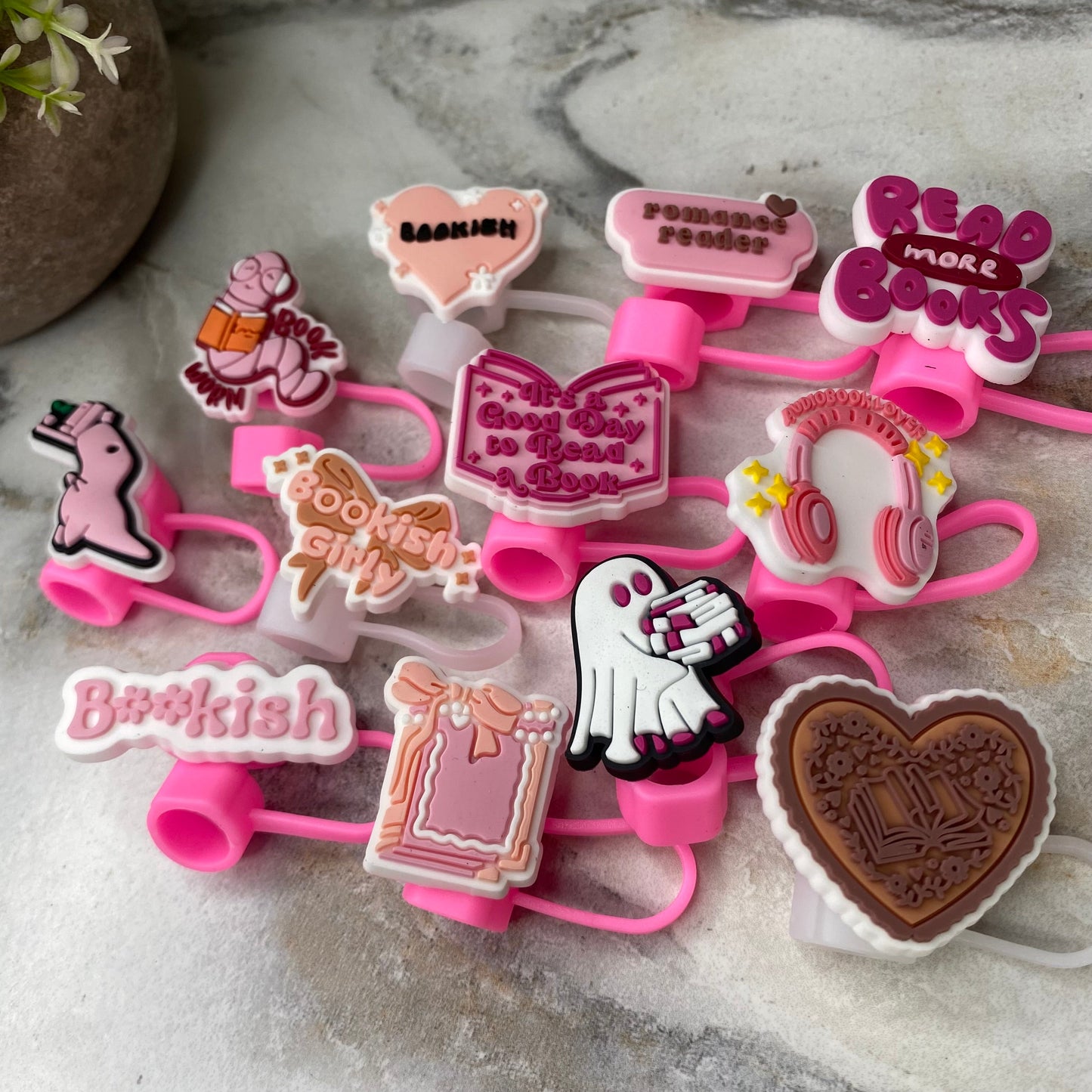 Silicone Straw Toppers Tumbler - Book Pink Tan Mix
