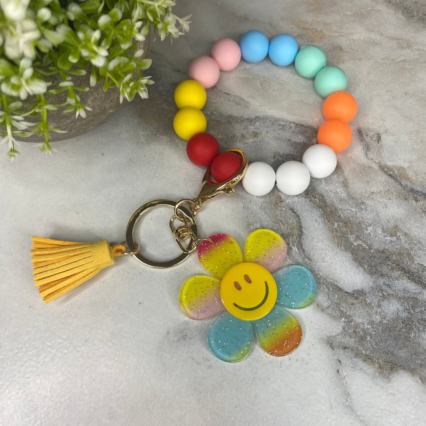 Silicone & Acrylic Bracelet Keychain - Daisy - Rainbow