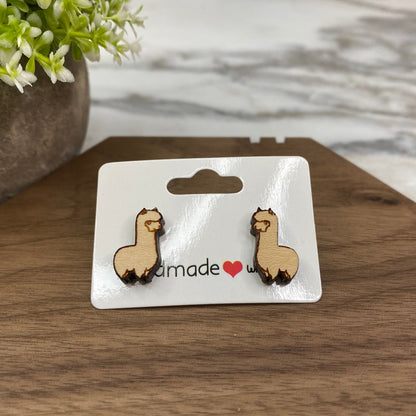 Wooden Stud Earrings - Llama