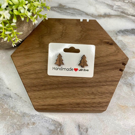 Wooden Stud Earrings - Small Tree