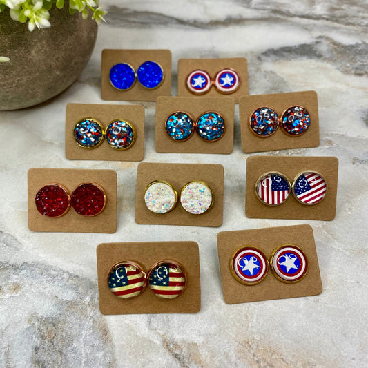 Acrylic/Druzy Stud Earrings - 12mm - Round Red, White, & Blue Mix
